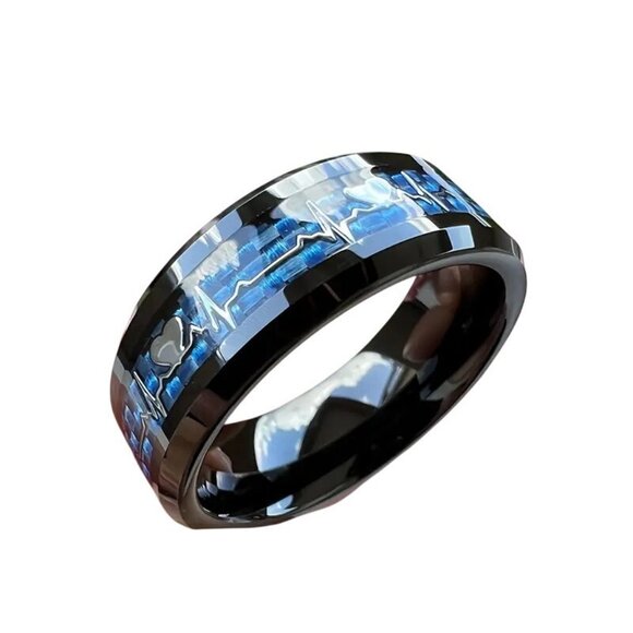 Tungsten Steel Carbide & Blue Carbon Inlay Heartbeat EKG Design statement Ring - Picture 2 of 4